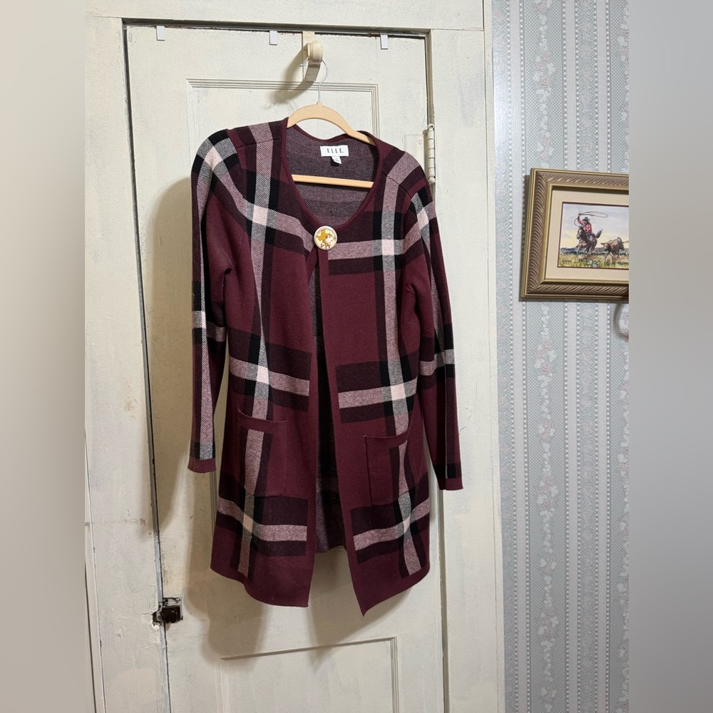 Burgundy Plaid Cardigan (pin/button not included)
